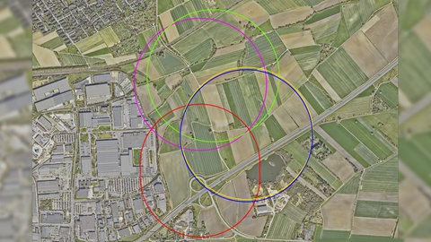 Die Karte zeigt den Bereich, in dem die fünf Blindgänger liegen. Am kommenden Dienstag (11.8) sollen die Fliegerbomben entschärft werden. 
