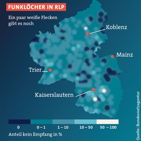 Eine Karte zeigt die Funklöcher im Mobilfunknetz in RLP