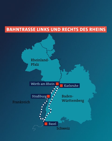 Grafik zeigt die rechts- und linksrheinische Bahnstrecke von der Schweiz nach BW und RP