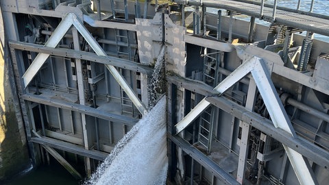 Schleusentor der Moselschleuse Sankt Aldegund. Sie wurde von einem Fahrgastkabinenschiff beschädigt.