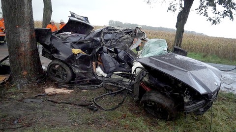 Ein zerstörtes schwarzes Auto steht nach einem Unfall von Fahranfängern neben einem Baum (Symbolbild).