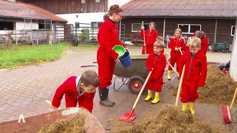 Kinder mit Erzieherin auf dem Bauernhof