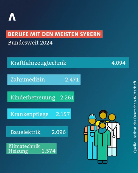 Die Grafik zeigt, dass 2024 allein im Bereich KFZ-Technik mehr als 4.000 Syrer beschäftigt waren. In der Branche fehlen tausende Fachkräfte.