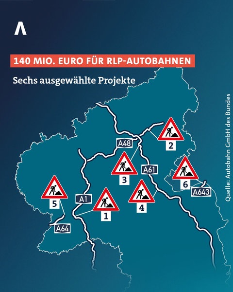 Eine Karte mit sechs ausgewählten Autobahnprojekten in Rheinland-Pfalz.