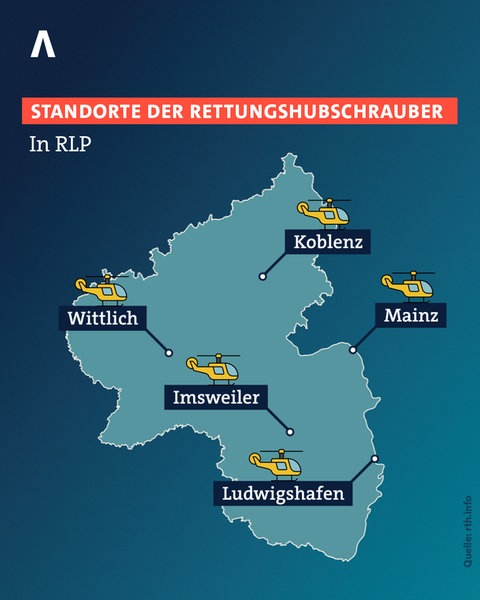 Die Grafik zeigt die Standorte der Rettungshubschrauber in RLP.
