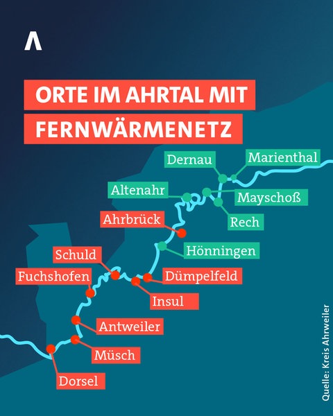 Karte mit den Orten im Ahrtal, die ein Fernwärmenetz haben. Es handelt sich um Rech, Dernau (und das eingemeindete Marienthal), Mayschoß, Altenahr und Hönningen