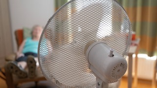 Eine Seniorin sitzt in einem Sessel und wird von einem Ventilator gekühlt. Viele Senioren leiden unter der Hitze.
