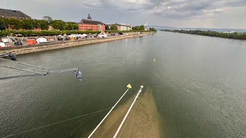 Niedrigwasser im Rhein: Von der Theodor-Heuss-Brücke in Mainz kann man bis auf den Grund sehen.
