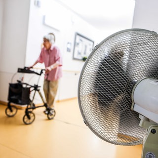 Eine Frau geht mit einem Rollator in einem Seniorenheim über einen Flur, der aufgrund hoher Außentemperaturen mit einem Ventilator belüftet wird. Noch nie sind in RLP so viele Menschen an den Folgen der Hitze gestorben wie in diesem Jahr (Symbolbild)