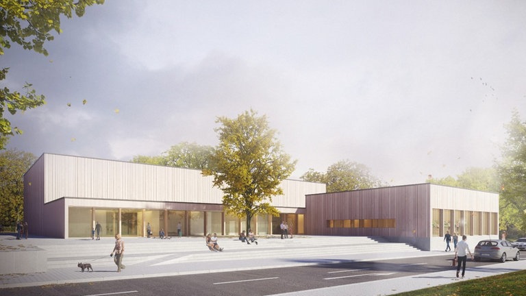 Mitte 2026 soll die neue Turnhalle nutzbar sein. So soll sie mal aussehen, wenn sie fertig ist. 