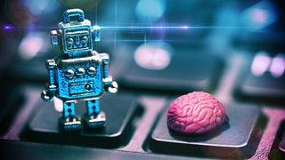 Kleiner Roboter und menschliches Gehirn auf einer Computertastatur, Symbolfoto künstliche Intelligenz,
