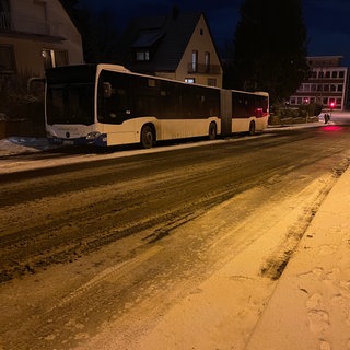 Ein Bus steht am Straßenrand auf einer winterlichen Straße in Kaiserslautern