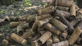 Ein Haufen rostiger Granaten aus dem Ersten Weltkrieg, die in einem Wald gefunden wurden.