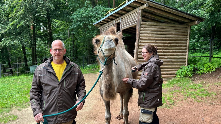 WM-Orakel Gaya mit ihrer Trainerin Melanie Schupp und Andy Mohr vom Zoo Kaiserslautern. 
