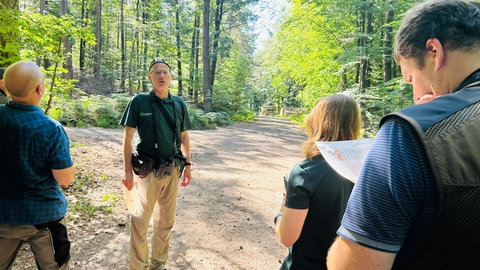 Die Waldzustandserhebung ist wichtig, um Veränderungen in den Wäldern auch über lange Zeiträume hinweg dokumentieren zu können. Herr Engels führt die Grupppe durch den Wald. 