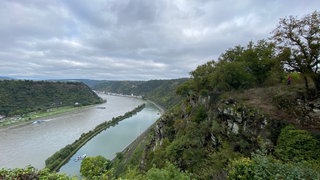 Der Blick ins Mittelrheintal vom Loreley-Plateau aus.