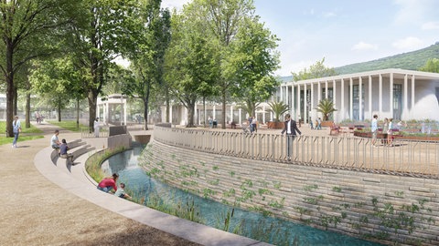 Der Kurpark in Bad Neuenahr soll neu gestaltet werden: zum Beispiel mit Treppen am Mühlenteichgraben. Im Hintergrund ist die neue Konzerthalle zu sehen.