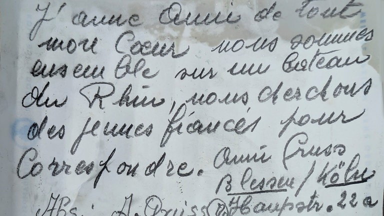 Der Text auf der Rückseite der Mittagskarte, die in einer Flasche bei Oberwesel gefunden worden ist
