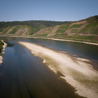 Sandbänke sind zu sehen am Rhein bei Osterspai. Hitze und Trockenheit führten zu einem extremen Niedrigwasser, das inzwischen auch die Schifffahrt beeinträchtigt. (Luftaufnahme mit einer Drohne)