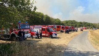 Viele Feuerwehrfahrzeuge in der Nähe eines brennenden Waldstücks in der Vordereifel