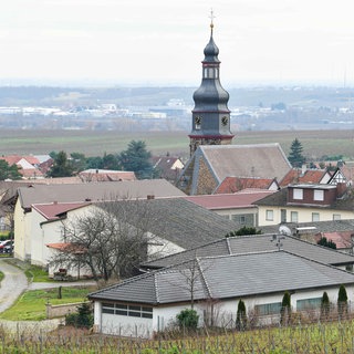 Der Ortskern mit dem Kirchturm der Salvatorkirche. Kallstadt war der Wohnort der Vorfahren von US-Präsident Trump. Symbolbild. Wegen der Amtseinführung von Trump ist das Dorf für Medien wieder interessanter geworden.