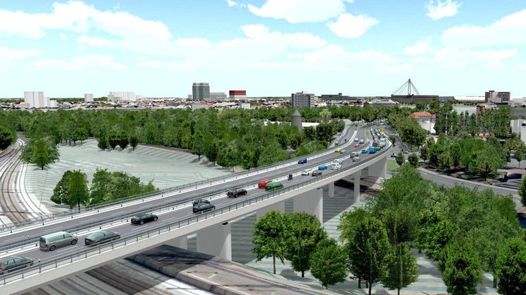 Computergeneriertes Bild der zukünftigen Brücke über die Gleise zur Helmut-Kohl-Allee in Ludwigshafen