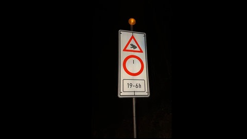 Ein Verkehrsschild zeigt "Einfahrt verboten" und "Achtung, Kröten": Die K16 zwischen Wachenheim und Lambrecht ist während der Zeit der Amphibienwanderung nachts gesperrt
