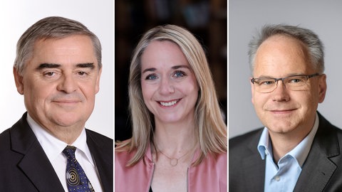 Montage: Peter Müller, ehemaliger Bundesverfassungsrichter, Anette Dowideit, Chefredakteurin des Medienhauses Correctiv und Carsten Knop, einer der Herausgeber der Frankfurter Allgemeinen Zeitung