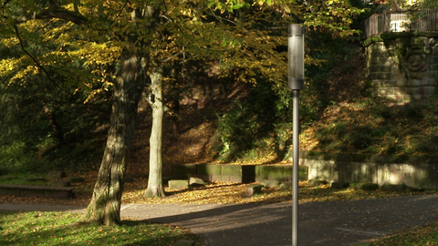 Eine Laterne im Ostpark in Landau, der mit viel Licht und ausgedünntem Gebüsch freundlicher geworden ist.