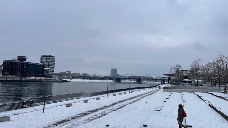 Winterliche Landschaft mit Schnee in Ludwigshafen am Rheinufer.