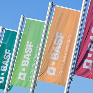 BASF-Fahnen (Symbolbild). Die BASF verkauft tausende Wohnungen in Ludwigshafen und der Region.