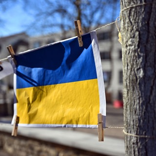 Ukraineflagge mit Wäscheklammern an einem Baum 