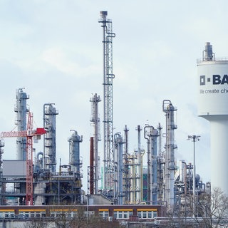 Das Foto zeigt einen Schriftzug der BASF. Der Iran-Krieg wirkt sich möglicherweise auf die Geschäfte des Unternehmens aus.