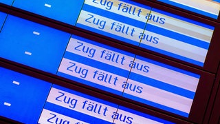 Hunderte Fahrgäste sitzen in der Nacht auf Mittwoch am Ludwigshafener Hauptbahnhof fest. Darunter 125 Schülerinnen und Schüler aus Kaiserslautern. Symbolbild: Auf einer Anzeige der Deutschen Bahn steht "Zug fällt aus"