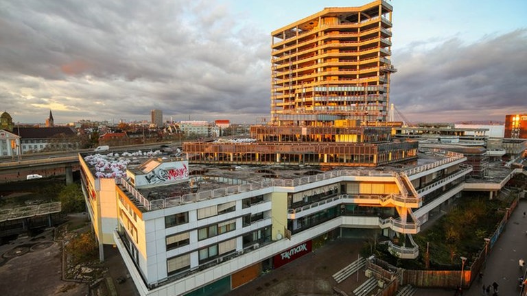 Das Bild zeigt das Rathaus Ludwigshafen während der Abriss-Arbeiten.