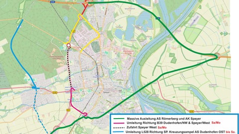 Gesperrte B9 bei Speyer: Der Plan des Landesbetriebs zeigt die neuen Umleitungen. 