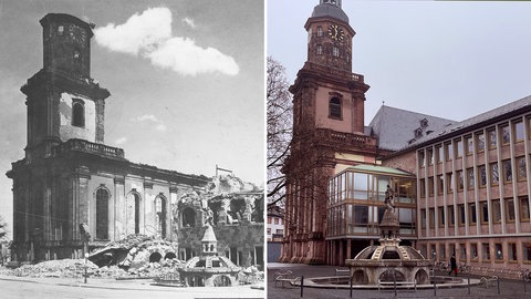 Der Siegfriedbrunnen in Worms hat den Bombenangriff fast unbeschädigt überstanden