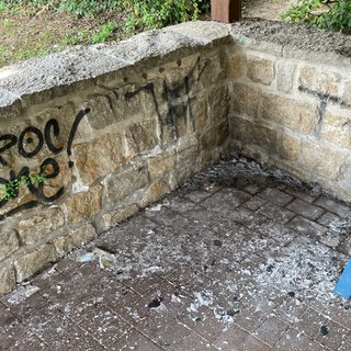 In einer Ecke der Grillhütte in Stadtecken-Elsheim liegt ein Häufchen Asche. An der Wand ist ein Graffiti-Schriftzug