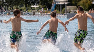 Drei Jungen springen vom Beckenrand ins Freibad. 