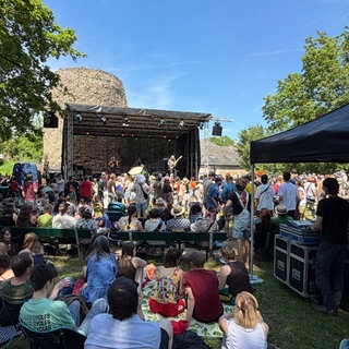 Blauer Himmel und Sonnenschein beim Open Ohr Festival auf der Zitadelle in Mainz. 