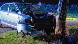Ein demolirtes Auto steht an einem Baum: Bei einem Wildunfall in Appenheim ist eine Autofahrer verletzt worden. 