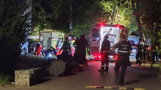 Zahlreiche Feuerwehrleute und Rettungskräfte stehen vor dem Haus in Mainz-Ebersheim, nachdem dort ein Mann aus dem Fenster gesprungen war.