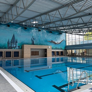 Das sanierte Taubertsbergbad in Mainz von innen: an der Wand der Dom und Gutenberg.