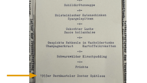 Diese Original-Menukarte aus dem Archiv des Auswärtigen Amtes beweist, dass der Bernkasteler Doctor bei der Russlandreise ausgeschenkt wurde. 