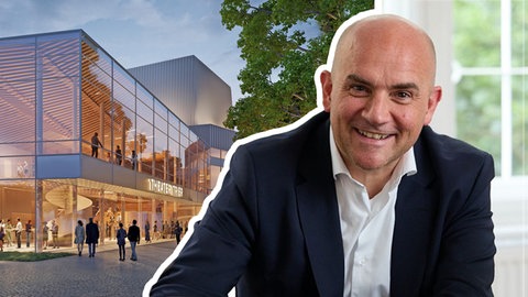 Bildmontage: Modell des Theaters Trier nach der Sanierung mit Frank Schellenberg im Vordergrund