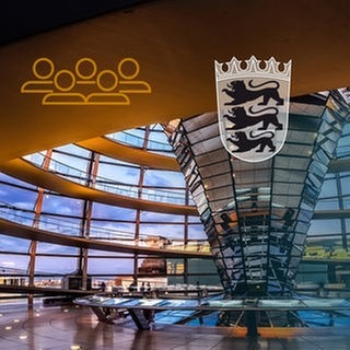 Reichstagskuppel aus Sicht des Bundestags mit Wappen von Baden-Württemberg und Avatare, Symbolbild für den SWR Kandidatencheck zur Bundestagswahl 2021