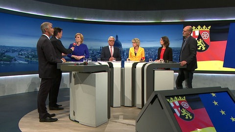 v.l.: Uwe Junge (AfD), Julia Klöckner (CDU), Roger Lewentz (SPD), Anne Spiegel (Grüne), Jochen Bülow (Linke)