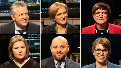 Spitzenkandidaten aus Baden-Württemberg zur Bundestagswahl. In der oberen Reihe von rechts nach links: Thorsten Frei (CDU), Saskia Esken (SPD), Franziska Brantner (Grüne). In der unteren Reihe: Sahra Mirow (Linke), Markus Frohnmaier (AfD, in Vertretung für Spitzenkandidatin Alice Weidel) und Judith Skudelny (FDP)