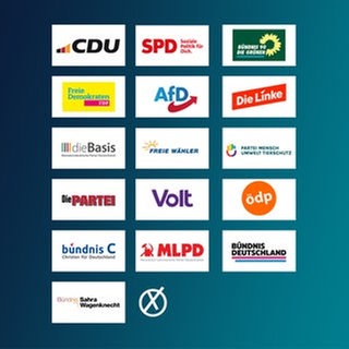 Diese Parteien stehen auf dem Stimmzettel zur Bundestagswahl: Parteilogos auf stehen in vierer Reihen auf eine blau-grünen Farbfläche