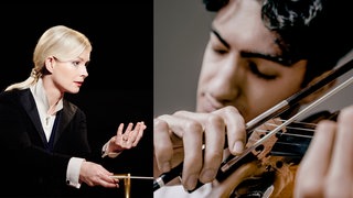 Collage: li. Die estnische Dirigentin Anu Tali; re. Stephen Waarts, Violine 